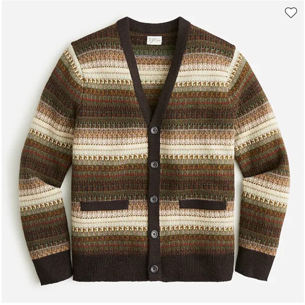 Mens Unisex J Crew Wool Fair Isle Cardigan Sweater Small brown V neck stripe tan - Picture 4 of 16